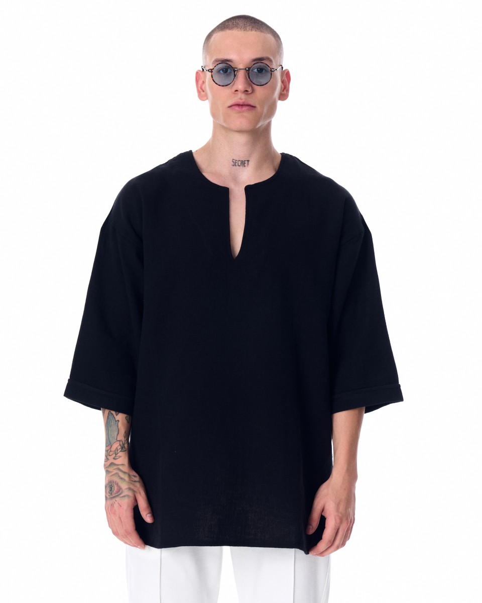 Men's Linen Fabric Oversized Black T-shirt - Black