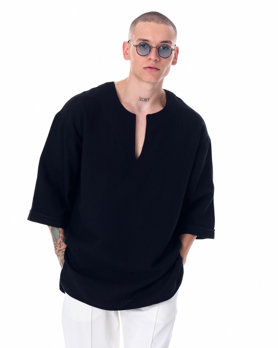 Camiseta Negra Oversize de Lino Negra para Hombre | Martin Valen