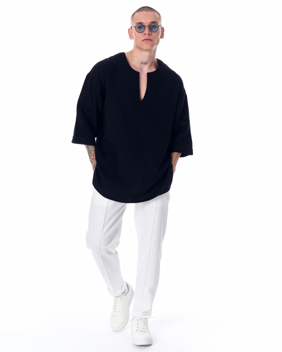 Men's Linen Fabric Oversized Black T-shirt | Martin Valen