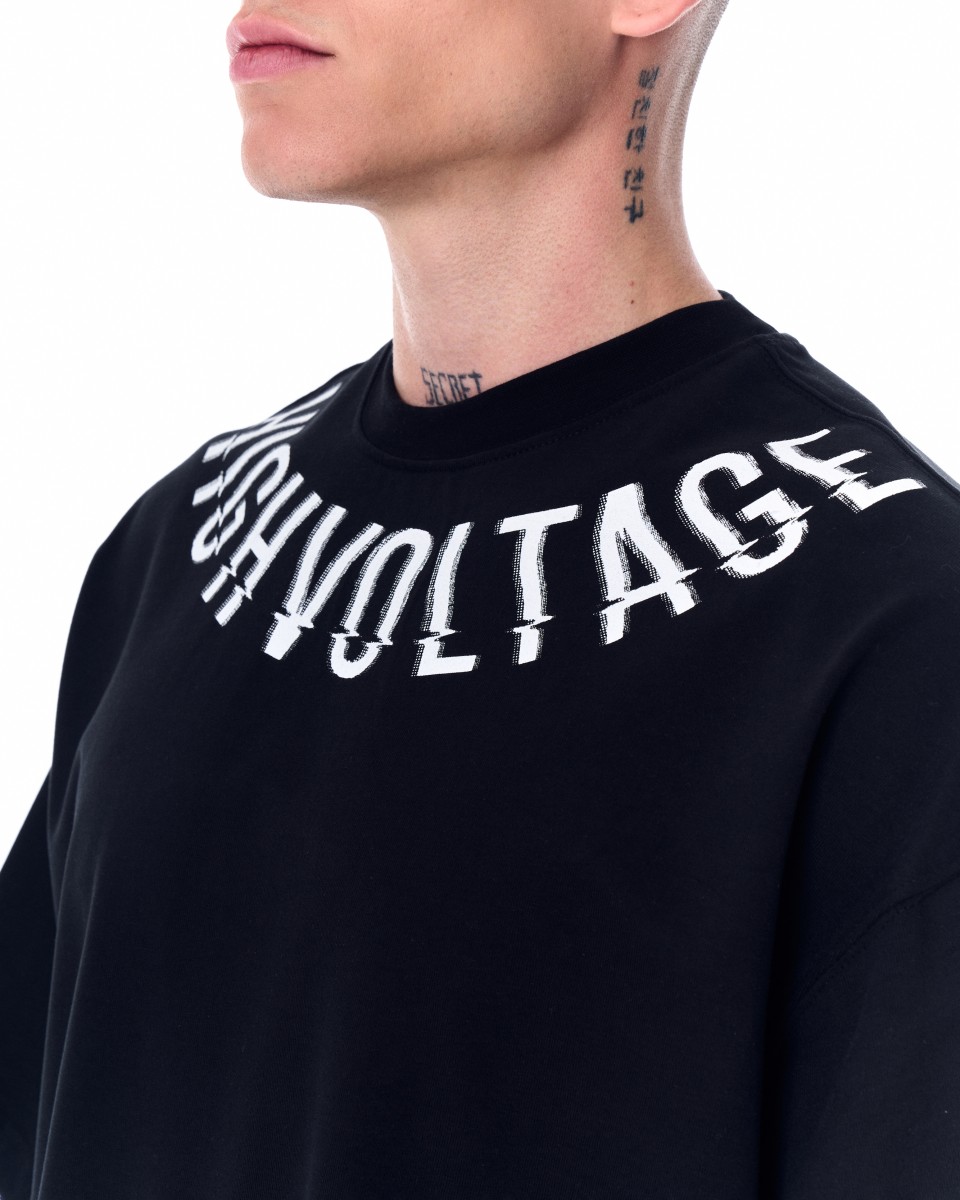 Men's Oversized Collar Screen Printed Black Heavy T-Shirt | Martin Valen
