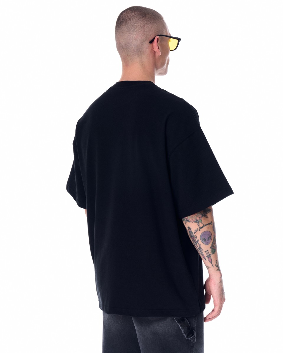 Men's Oversized Collar Screen Printed Black Heavy T-Shirt | Martin Valen