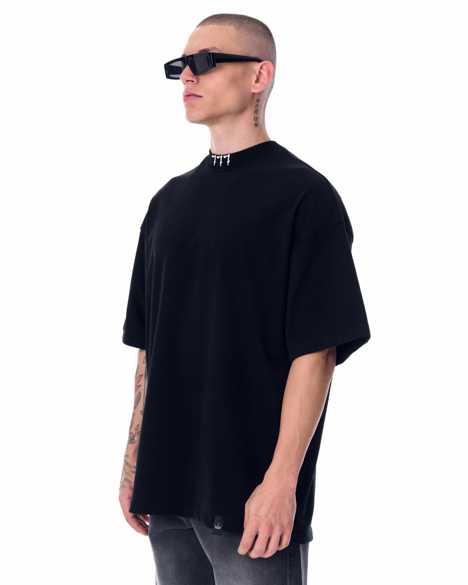 '777' T-shirt Designer Oversize pour Hommes avec Détail d'Impression 3D - Noir