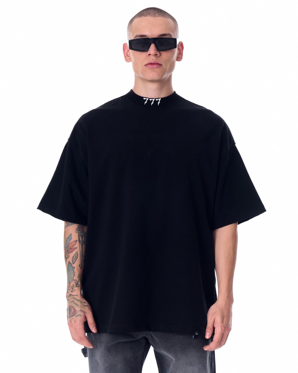 '777' Camiseta Oversize de Diseñador para Hombres con Detalle de Impresión 3D - Negro