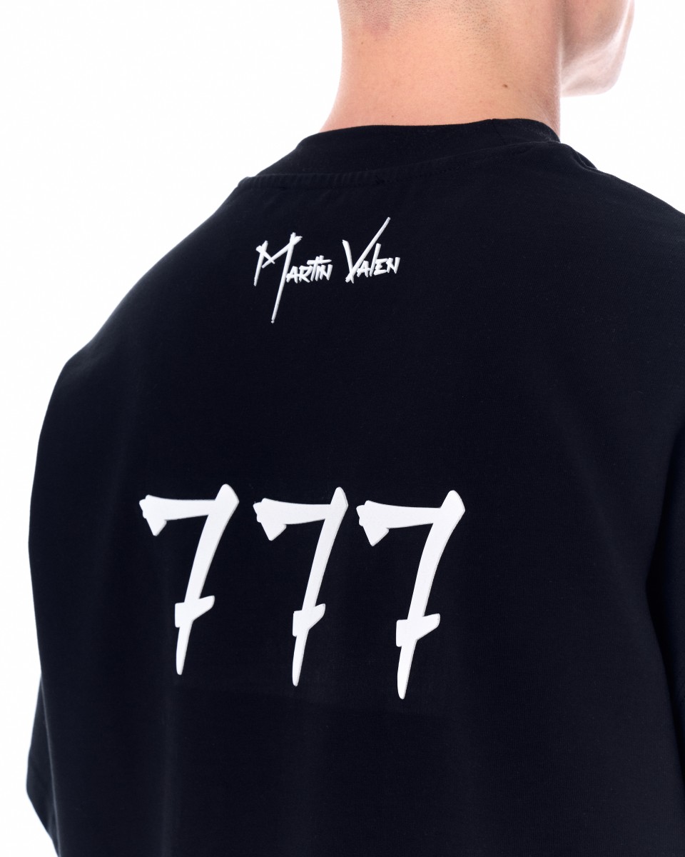 '777' Herren Oversize Designer T-Shirt mit 3D-Druckdetail - Schwarz