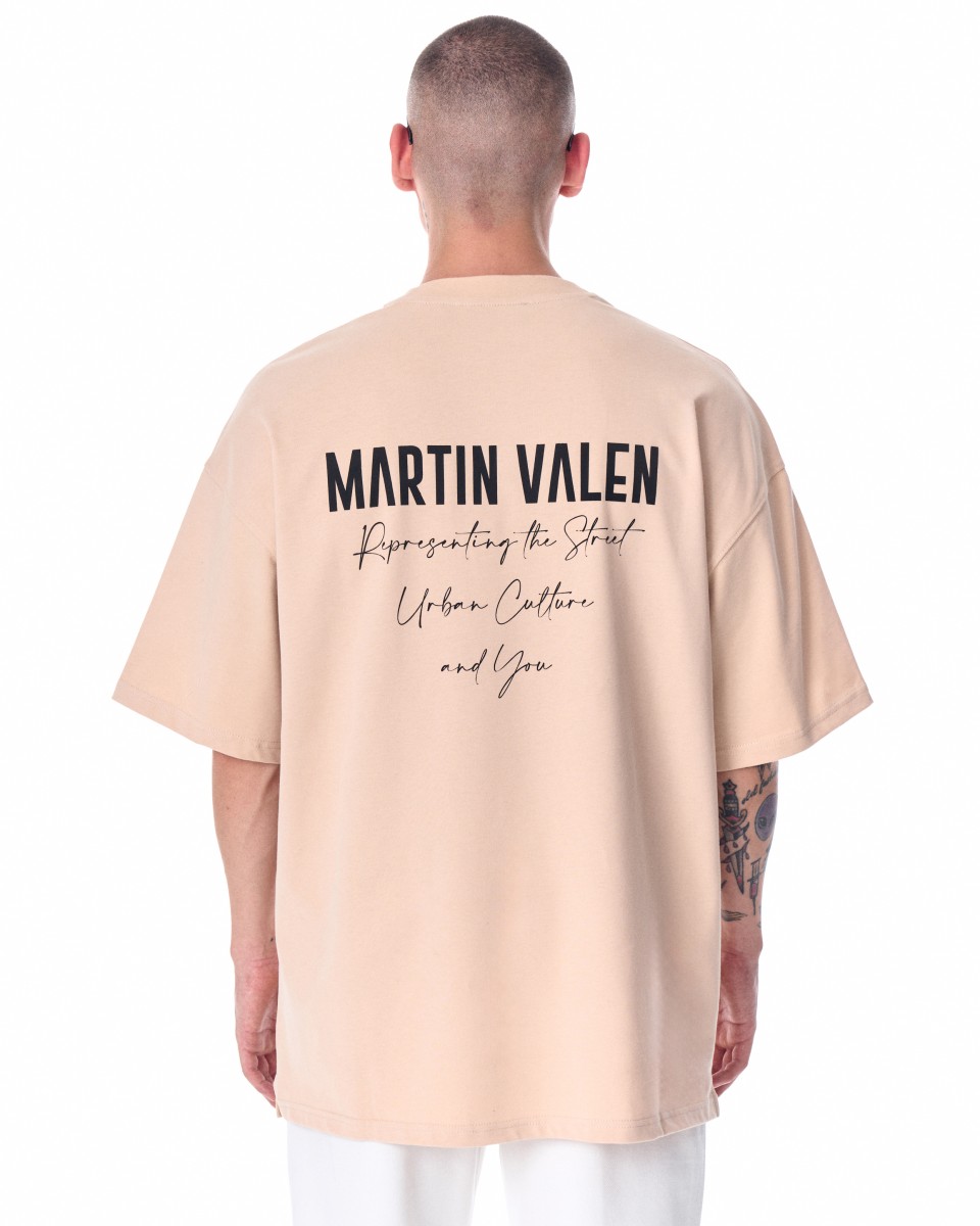 "Slogan" Camiseta de Diseñador Estampada Oversize para Hombres - Beige