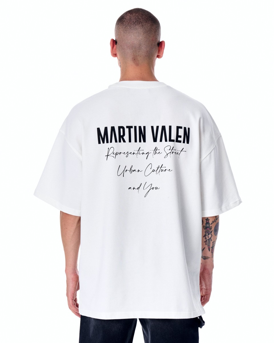 "Slogan" Camiseta de Diseñador Estampada Oversize para Hombres - Blanco