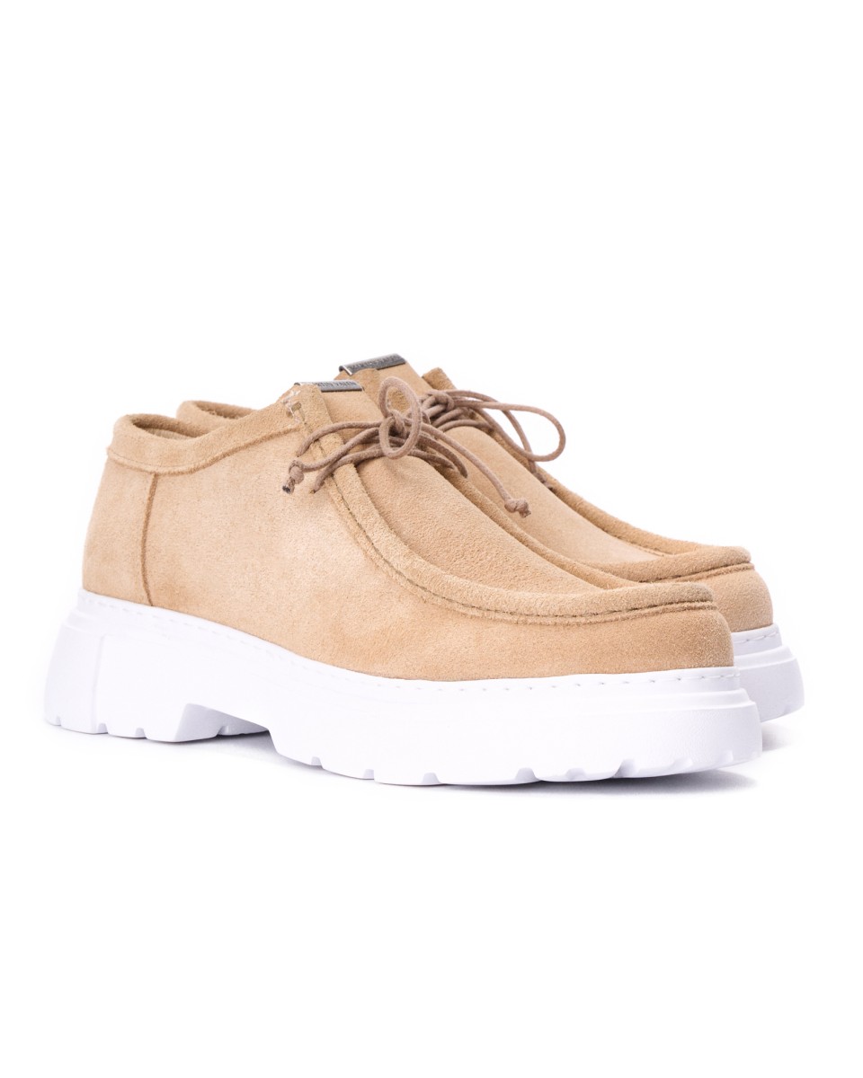 Beige Leren Loafers met Hoge Zool