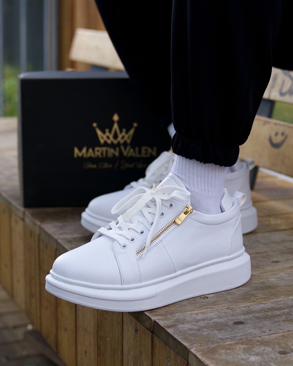 Белые дизайнерские кроссовки на высокой подошве с золото молнией - Белый