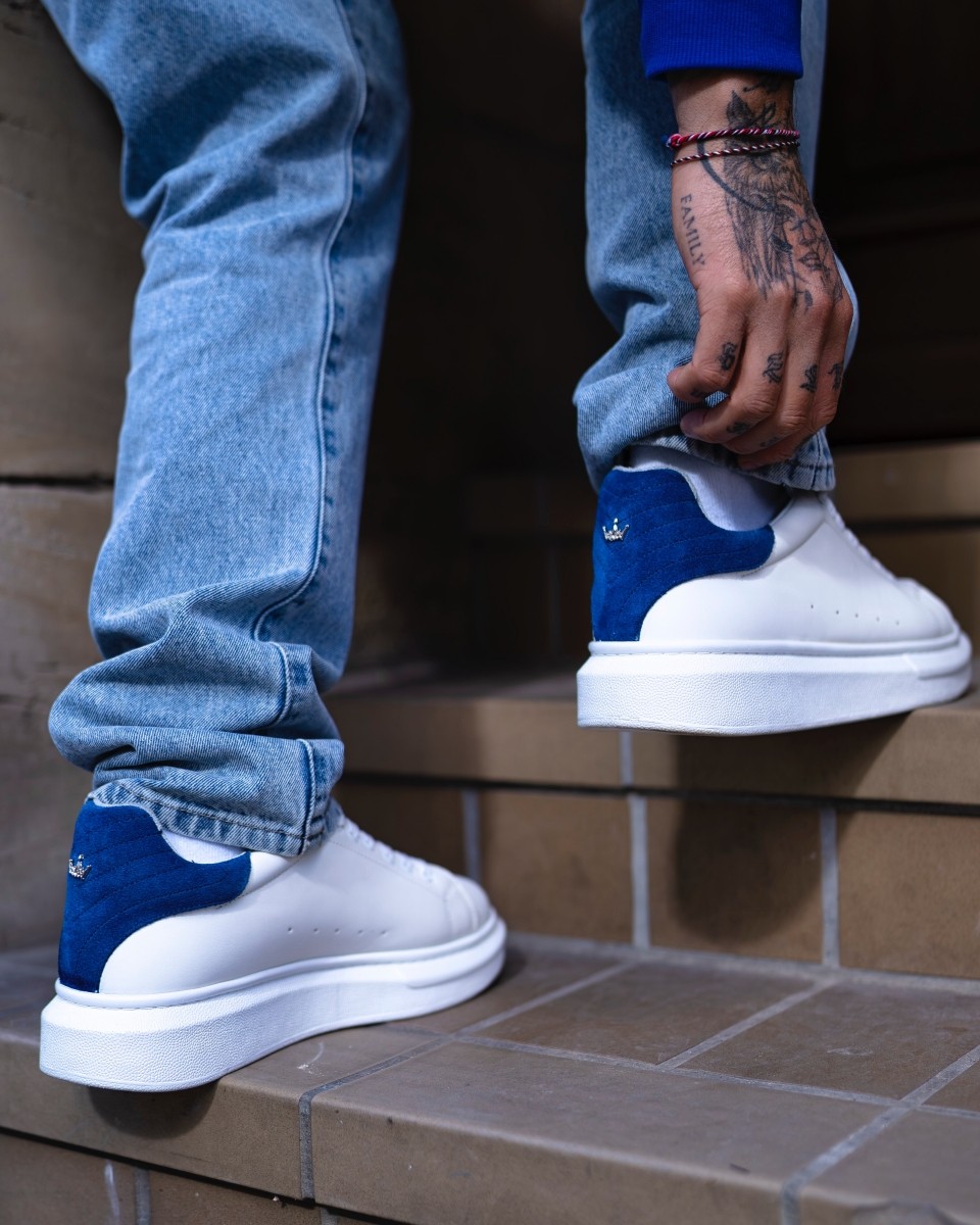 Men's White Blue Trainers with Suede Sneakers