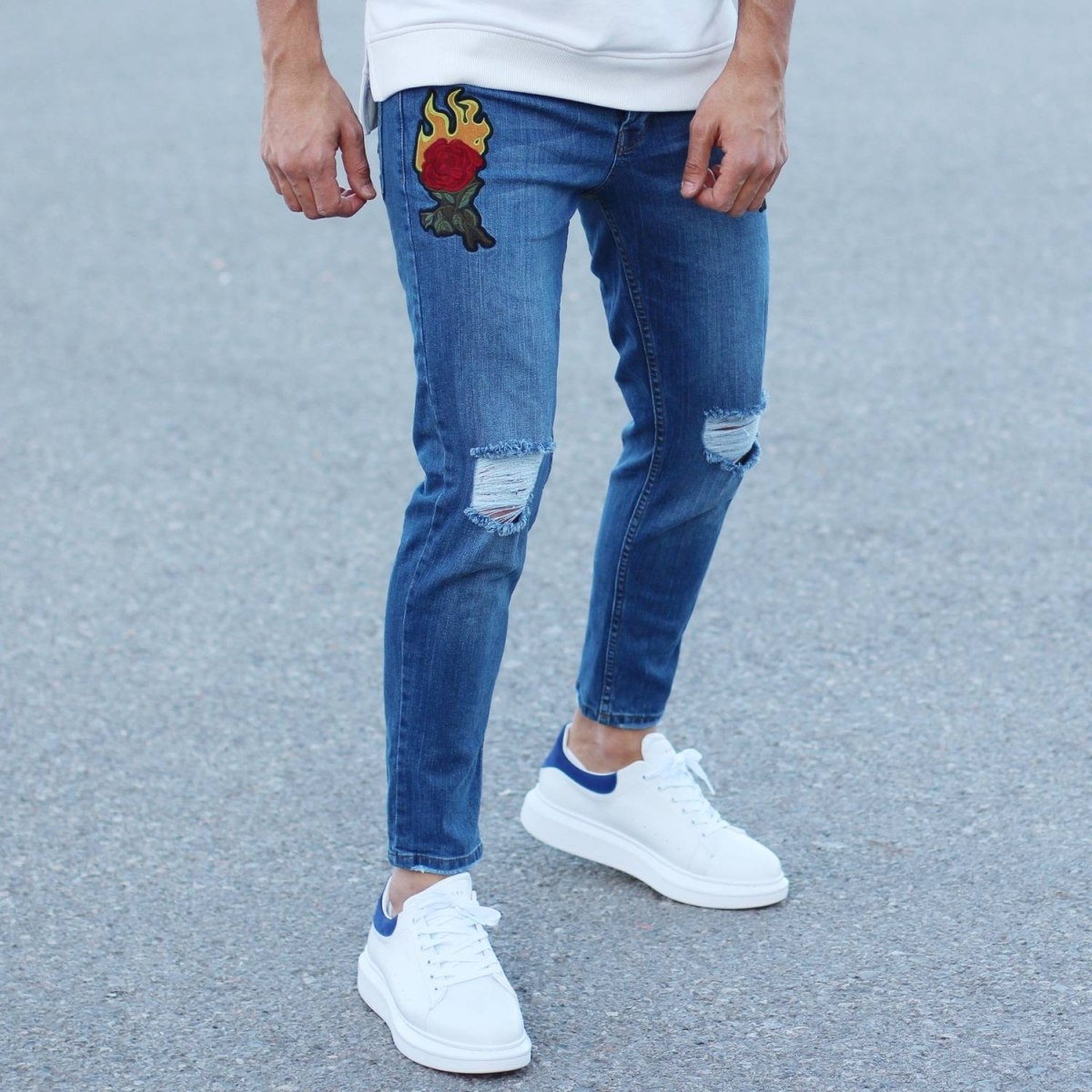 Mens Owl Blue Rose Embroidery Casual Holes Ripped Torn Jeans Pants 