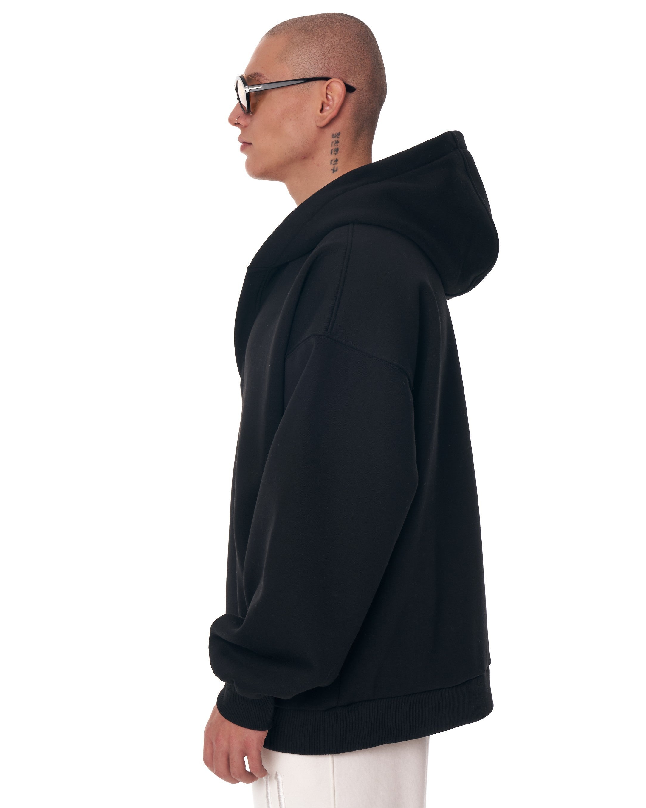 Erkek Açık Yakalı Rahat Siyah Oversize Hoodie | Martin Valen