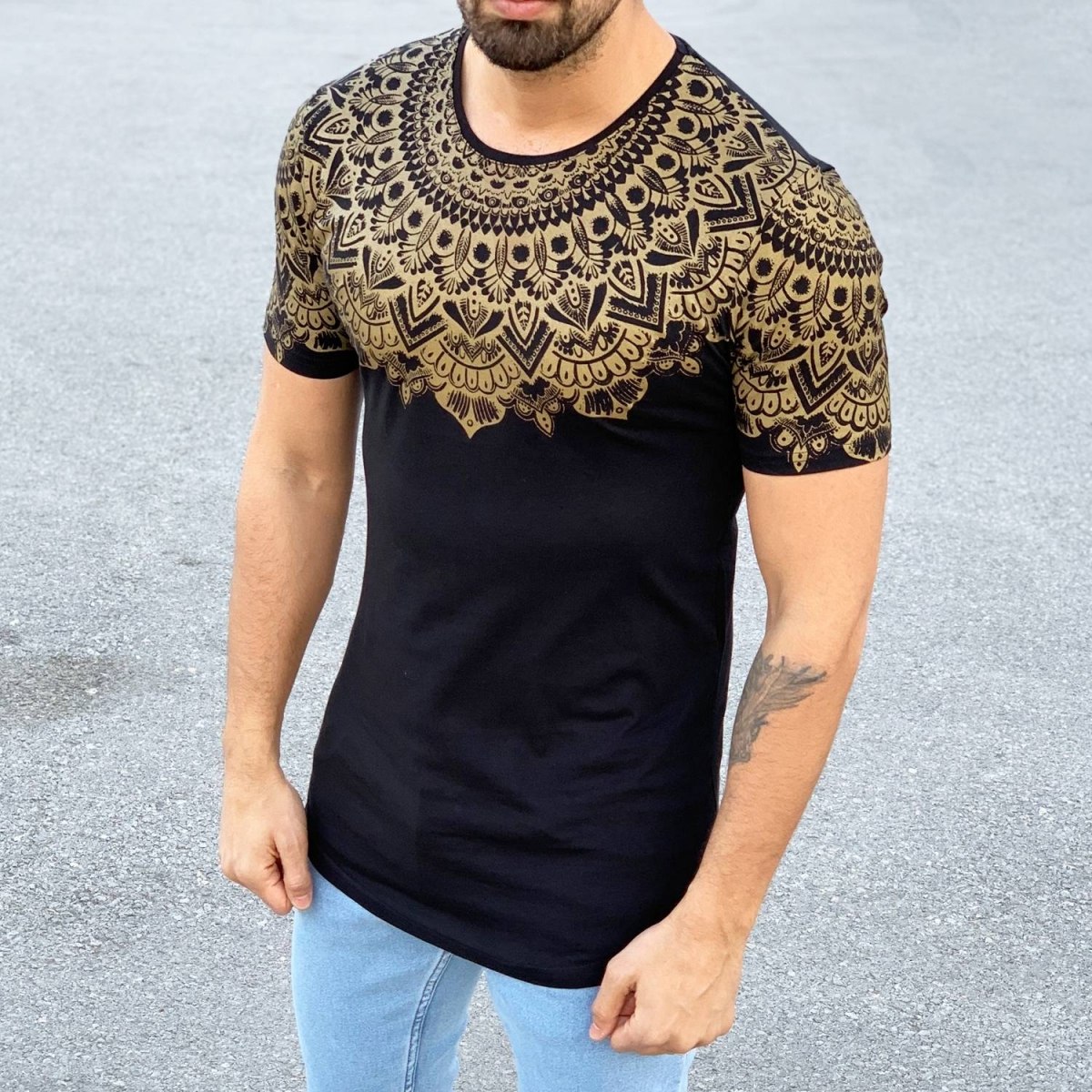 Men's Fitted Ethnic Pattern T-Shirt Black