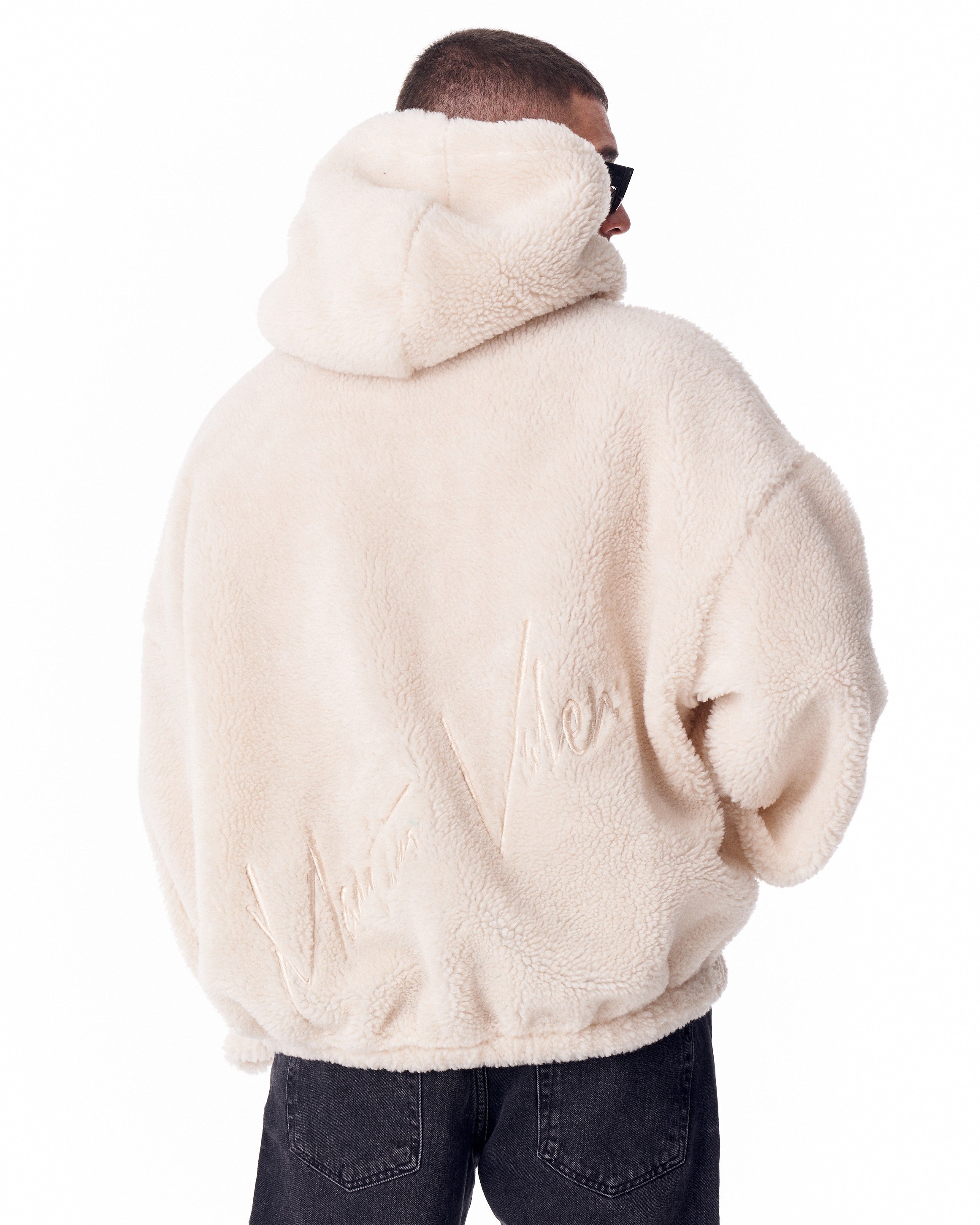 Men's Beige Plush Hoodie With Embroidery Print