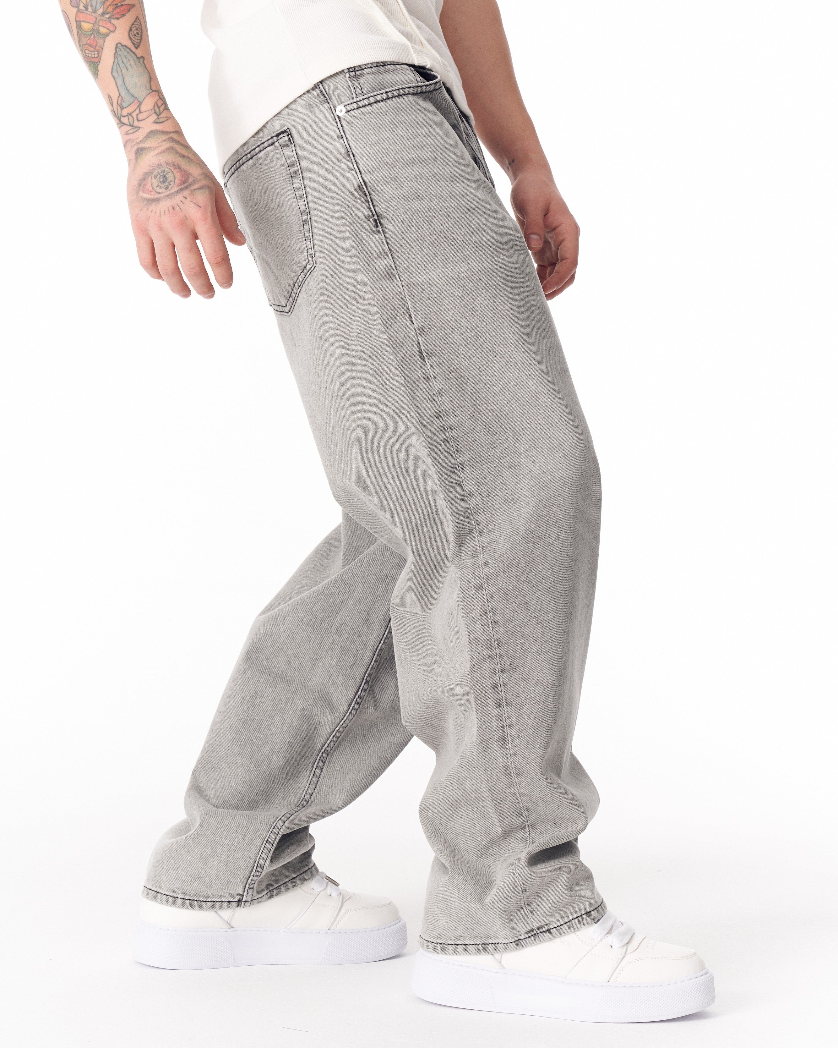 Jeans Masculinos de Modelagem Larga em Cinza com Cordão de Denim