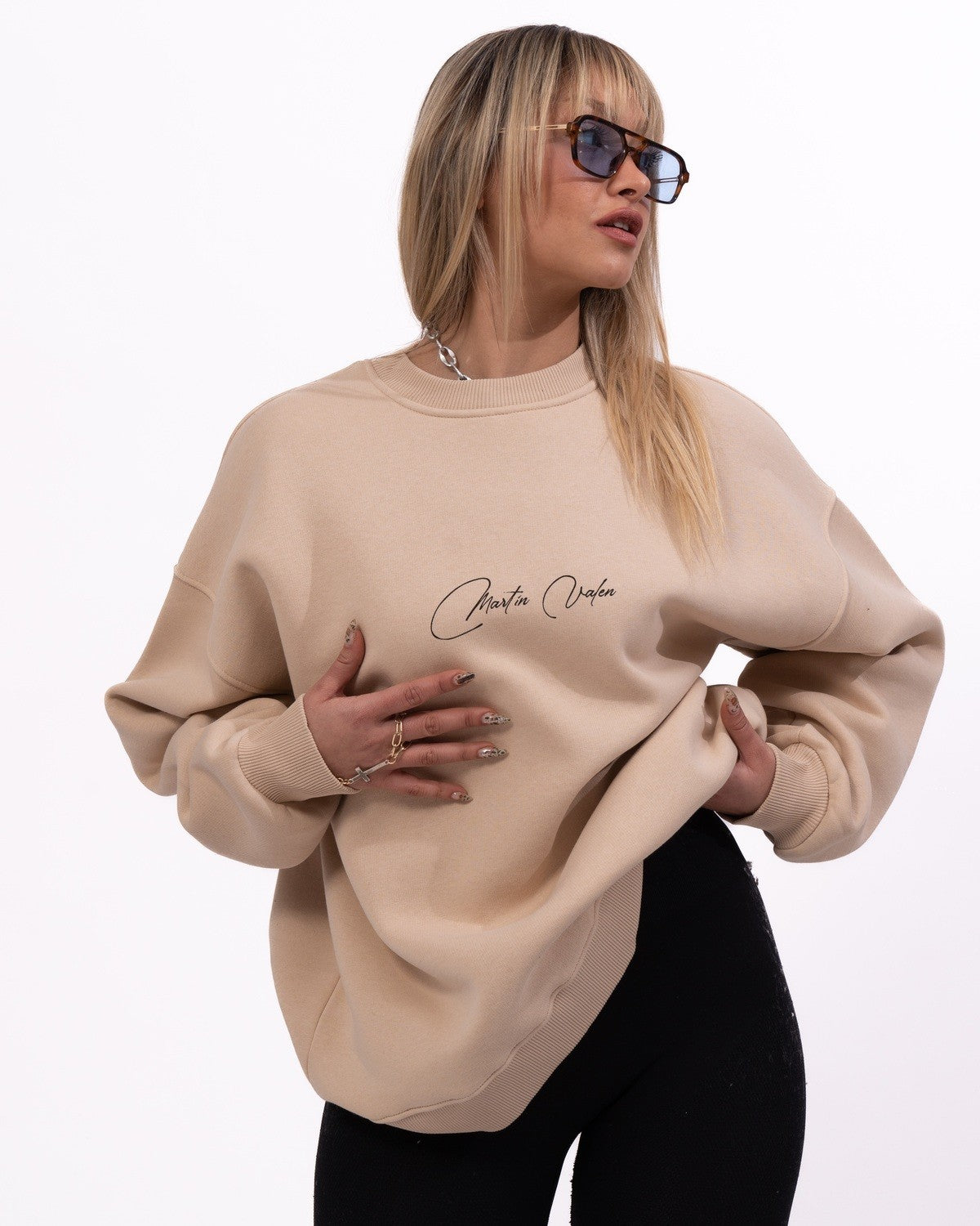 Sudadera Oversize Beige con Impresión 3D de Escritura a Mano Signatura MV