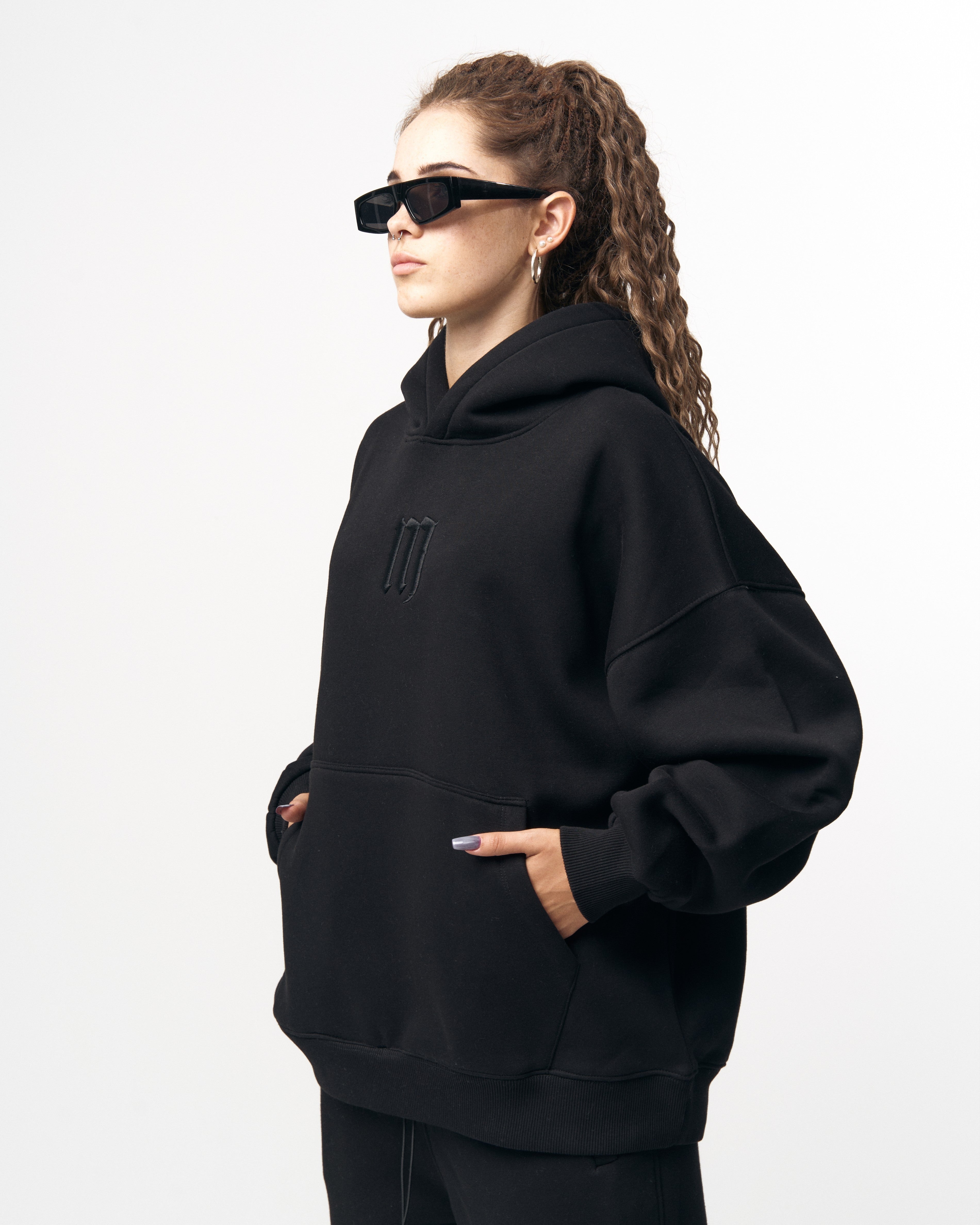 Insignio 3D Embroidered Designer Oversized Black Hoodie Jogger Set