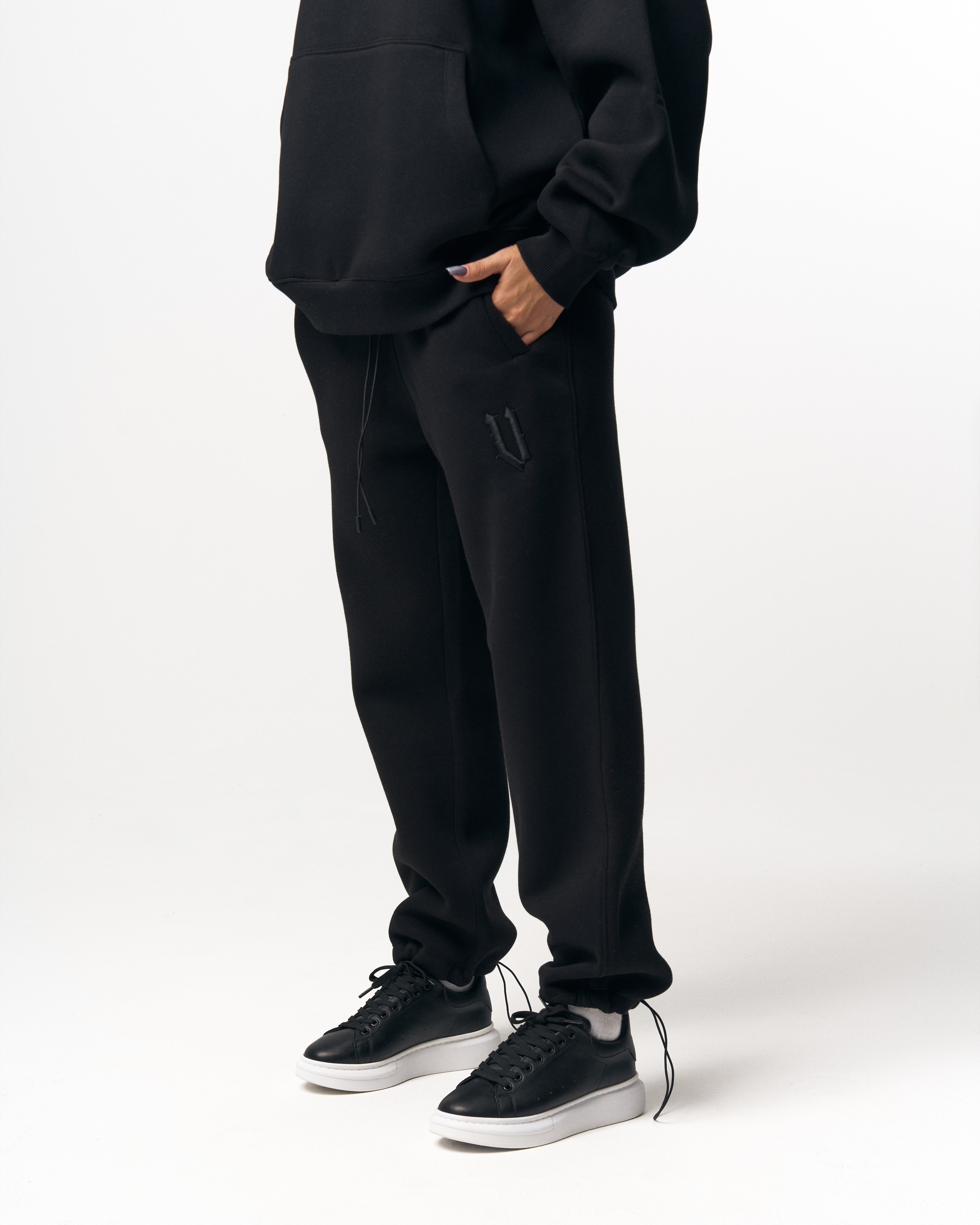 Insignio 3D Embroidered Designer Oversized Black Hoodie Jogger Set