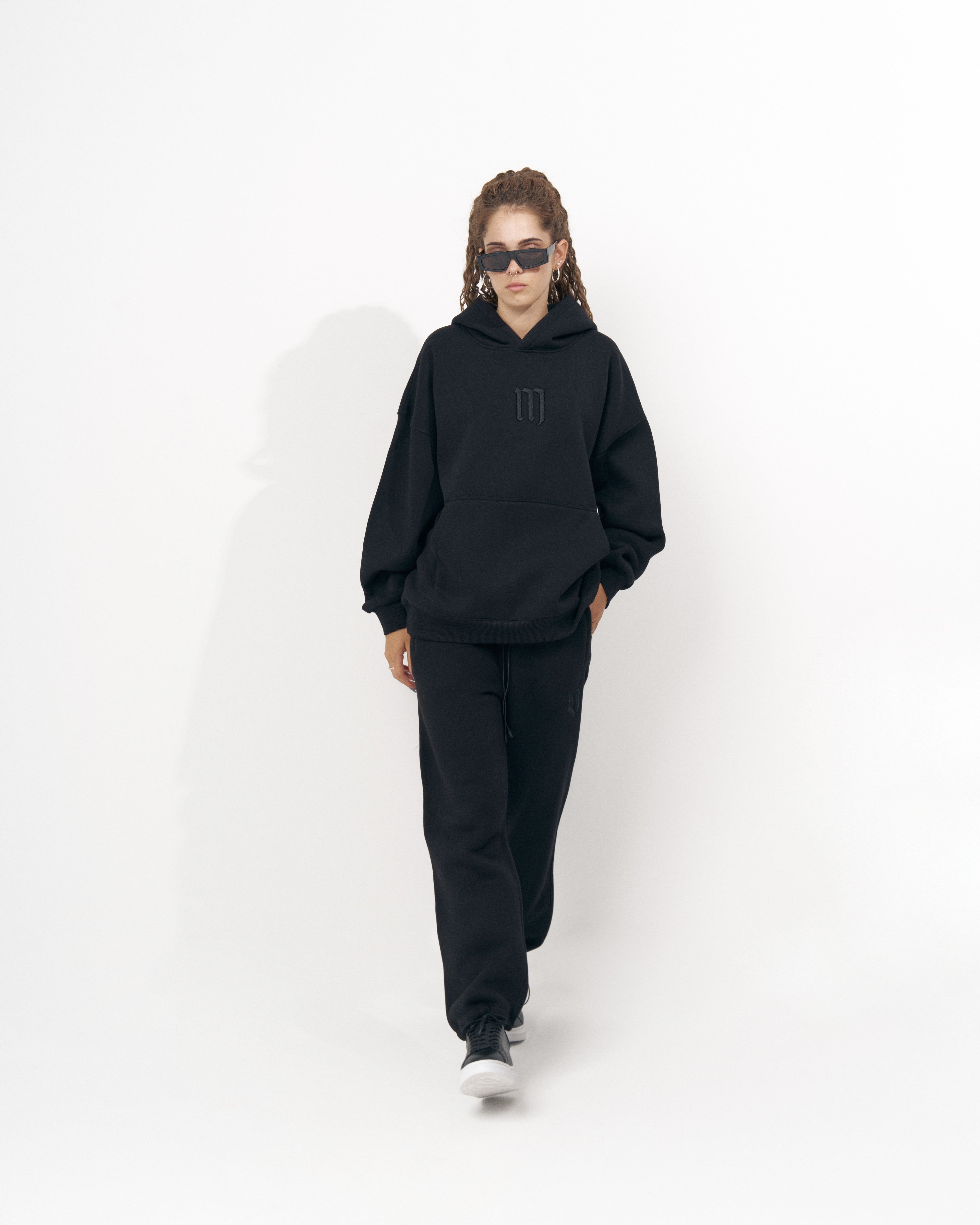 Insignio 3D Embroidered Designer Oversized Black Hoodie Jogger Set