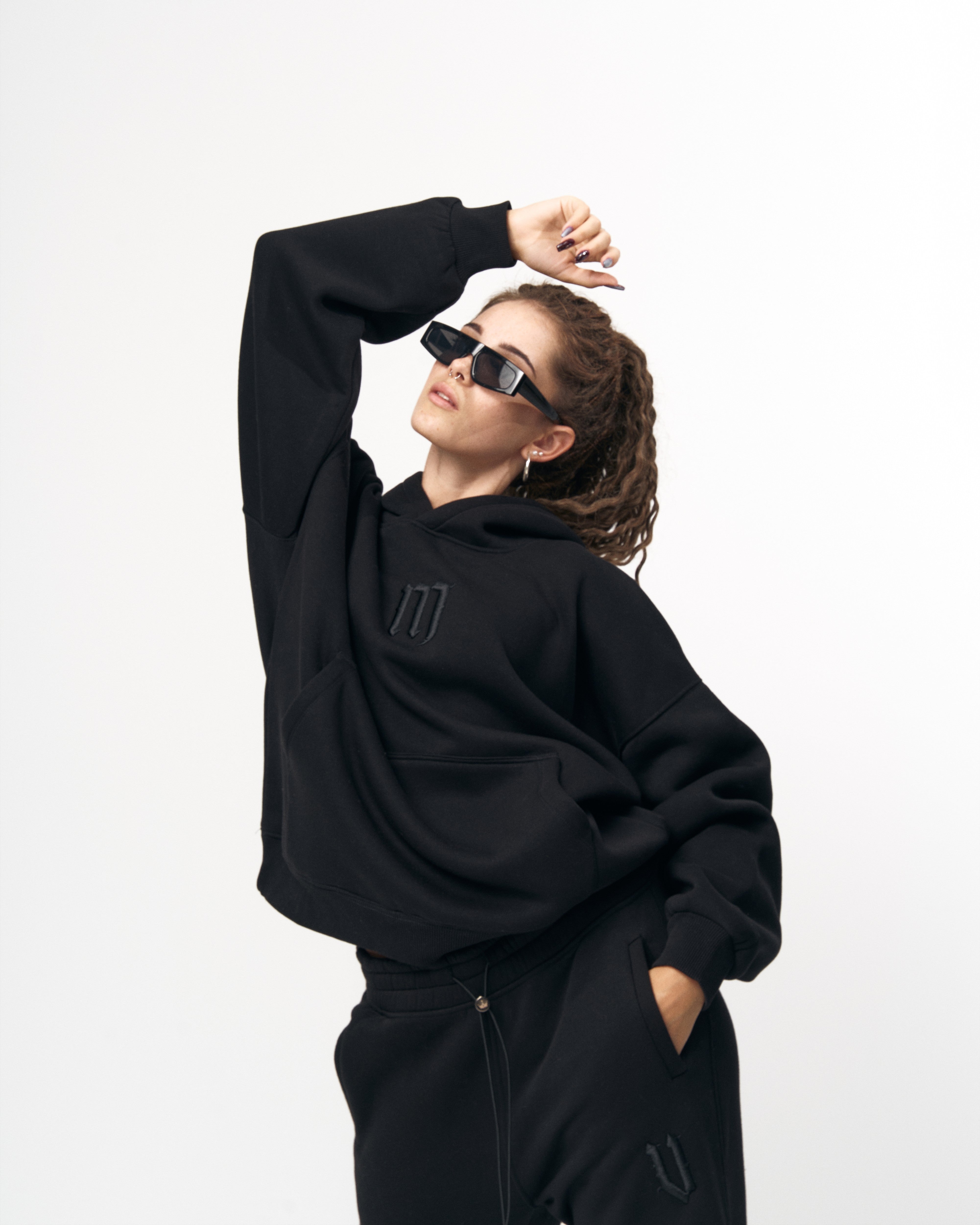 Insignio 3D Embroidered Designer Oversized Black Hoodie Jogger Set