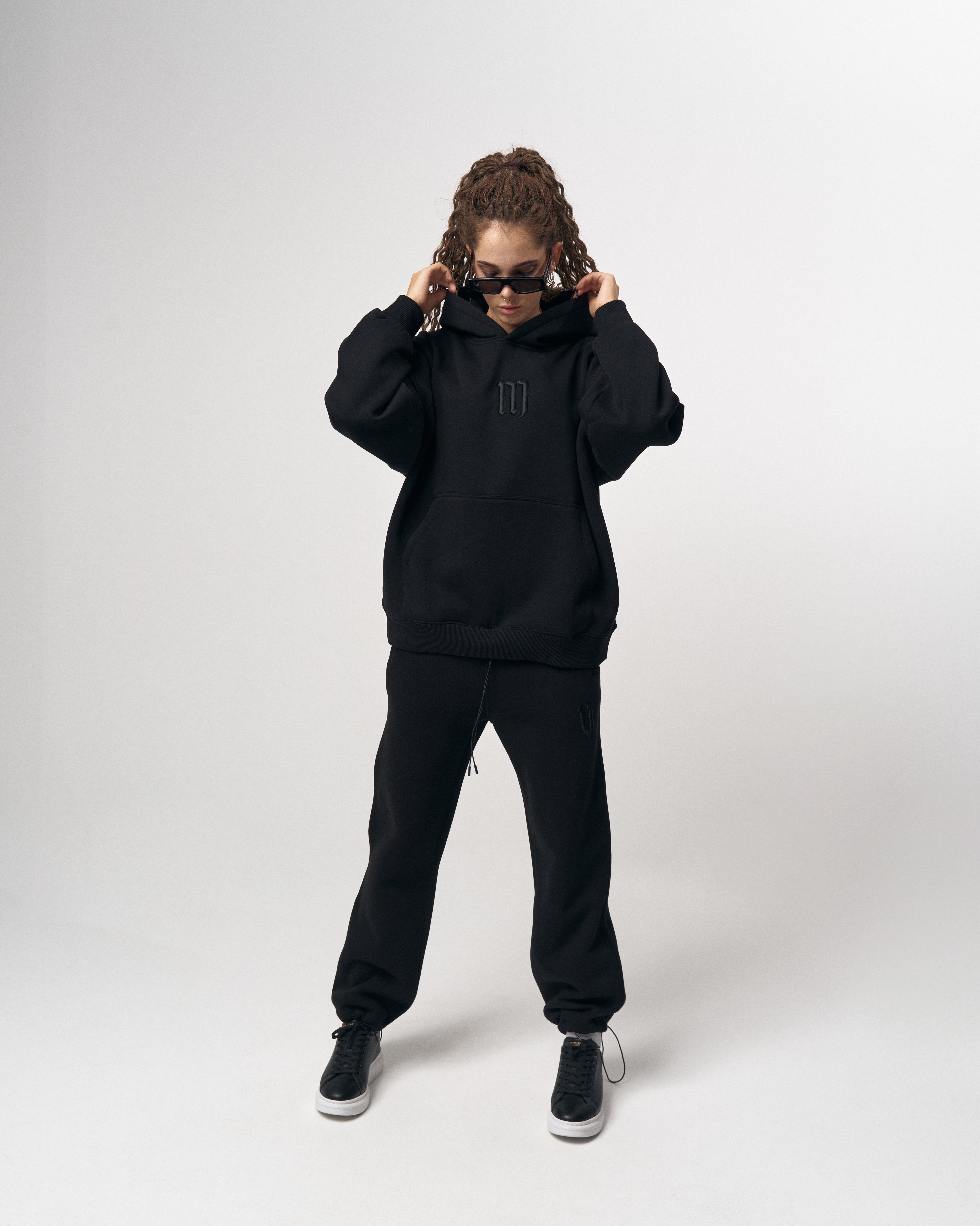 Insignio 3D Embroidered Designer Oversized Black Hoodie Jogger Set