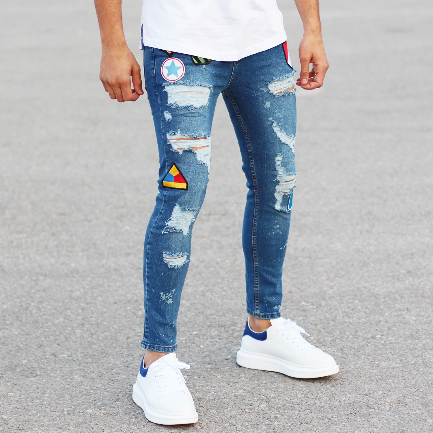 Men's Patchwork Jeans With Heavy Rips Blue