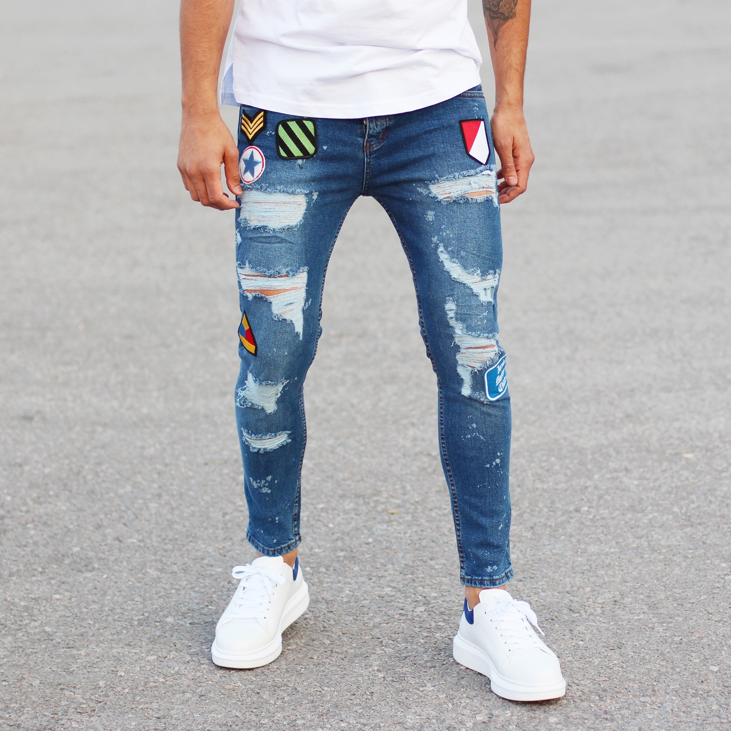 Men's Patchwork Jeans With Heavy Rips Blue
