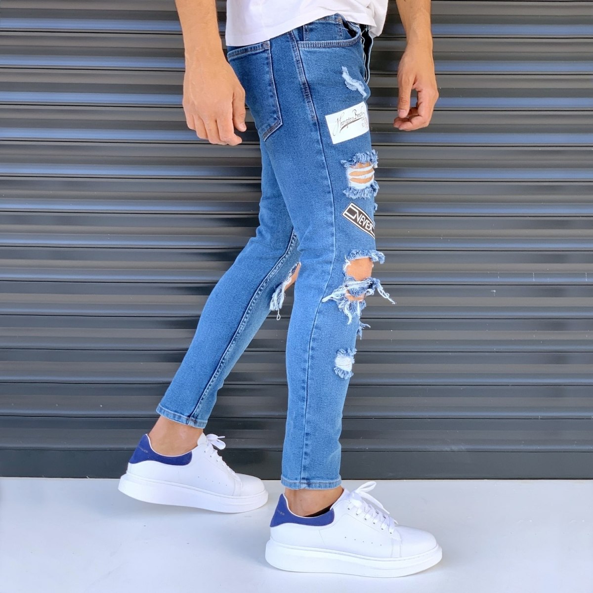 Men's Street Jeans With Rips And Patchworks Blue
