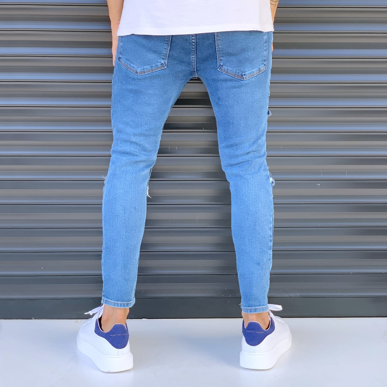 Men's Street Jeans With Rips And Patchworks Blue