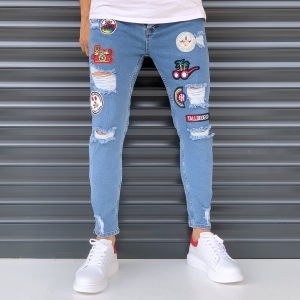 Men's Jeans With Heavy Rips And Patchworks Denim Blue - 1
