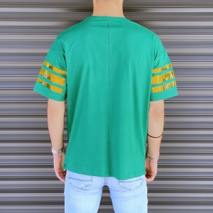 Herren T-Shirt mit weitem Schnitt und gestreiften Ärmeln in grün-gelb - 3