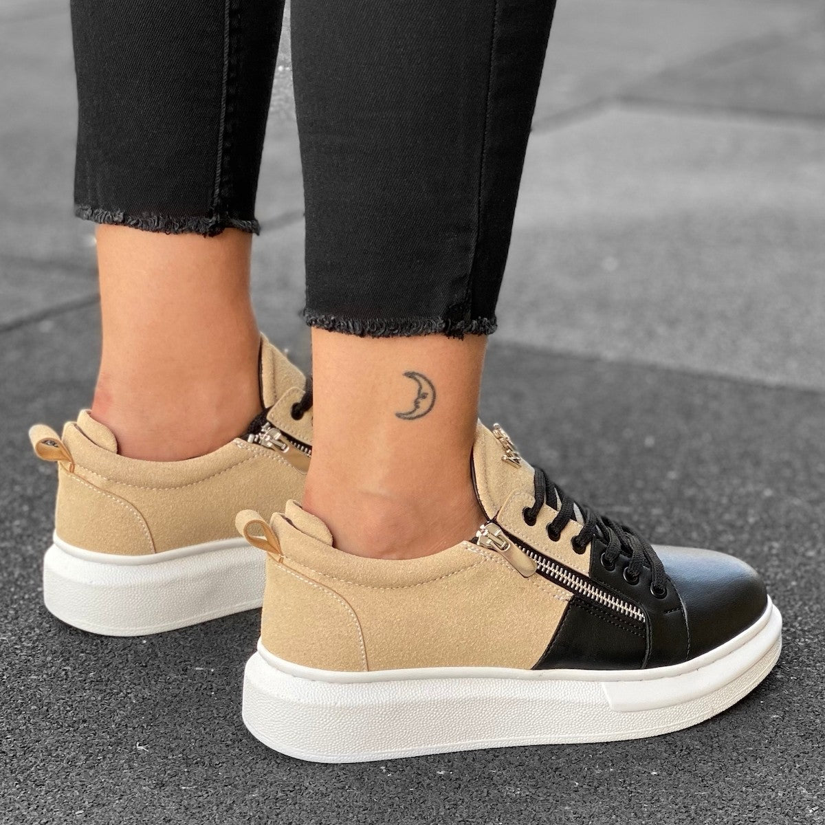 Women's Chunky Trainers with Zippers in Cream and Black | Martin Valen