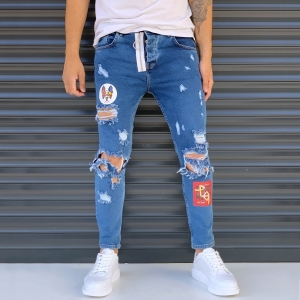 Men's Street Jeans With Heavy Rips And Patchwork Blue