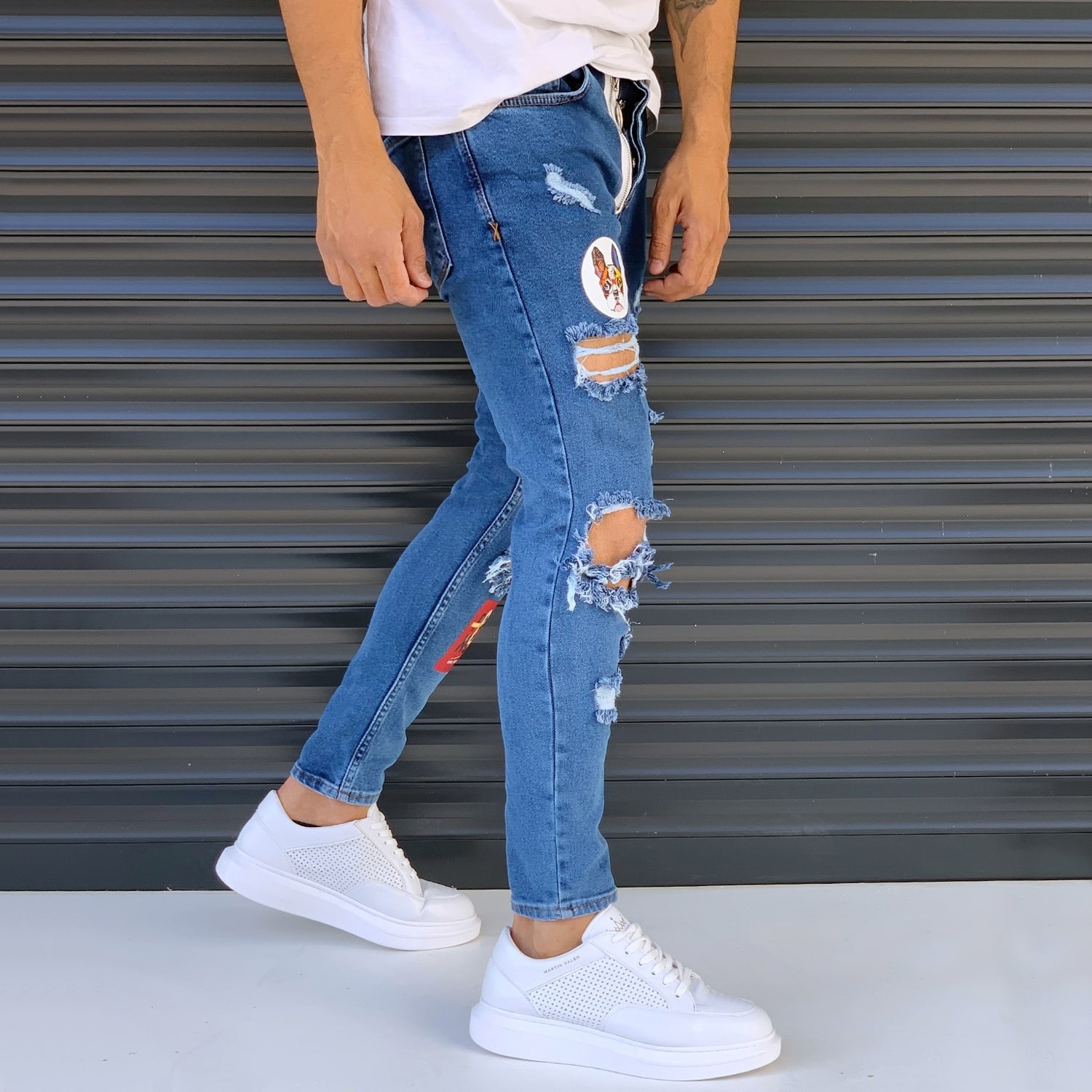 Men's Street Jeans With Heavy Rips And Patchwork Blue