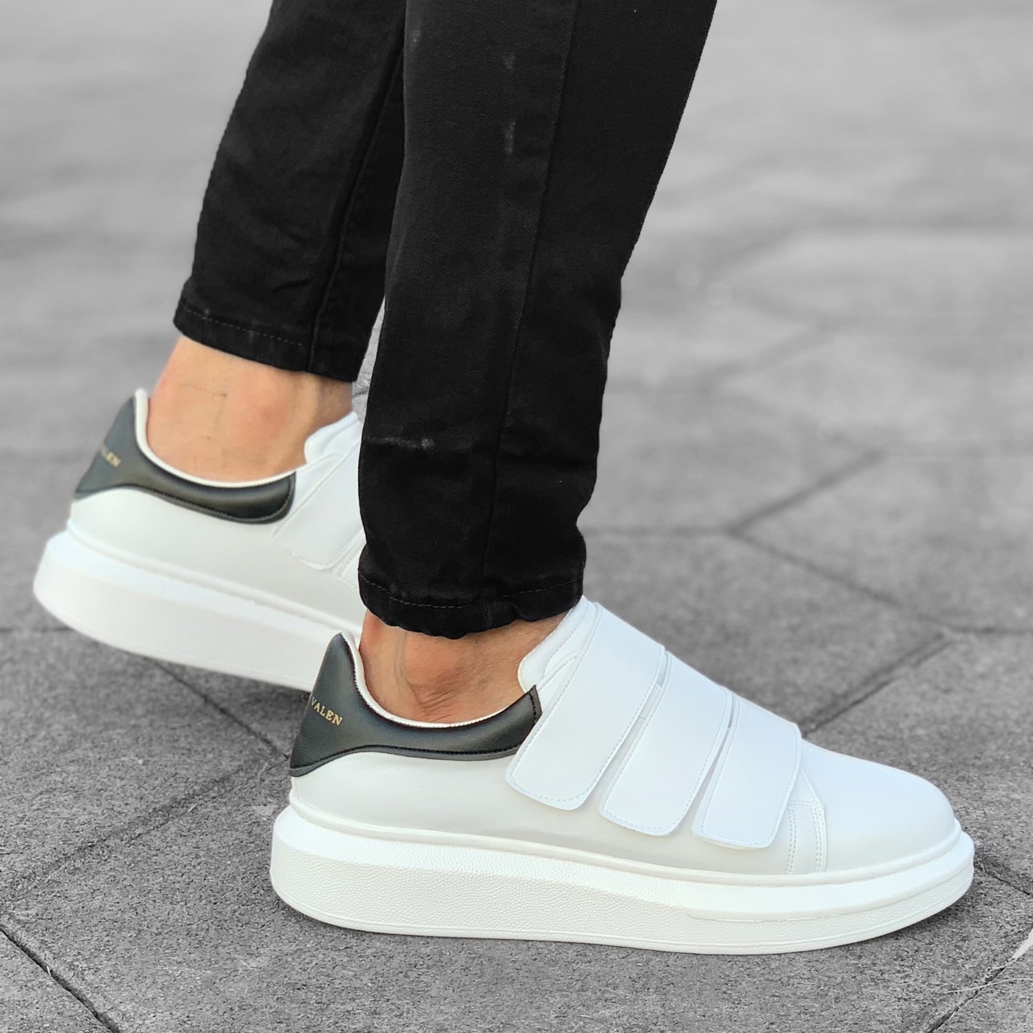 Martin Valen Men's Triple Velcro Sneakers In Solid White & Black