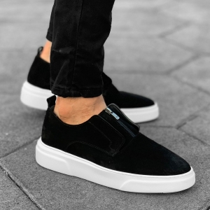 Men’s Leather Designer Suede Sneakers Shoes Black-White