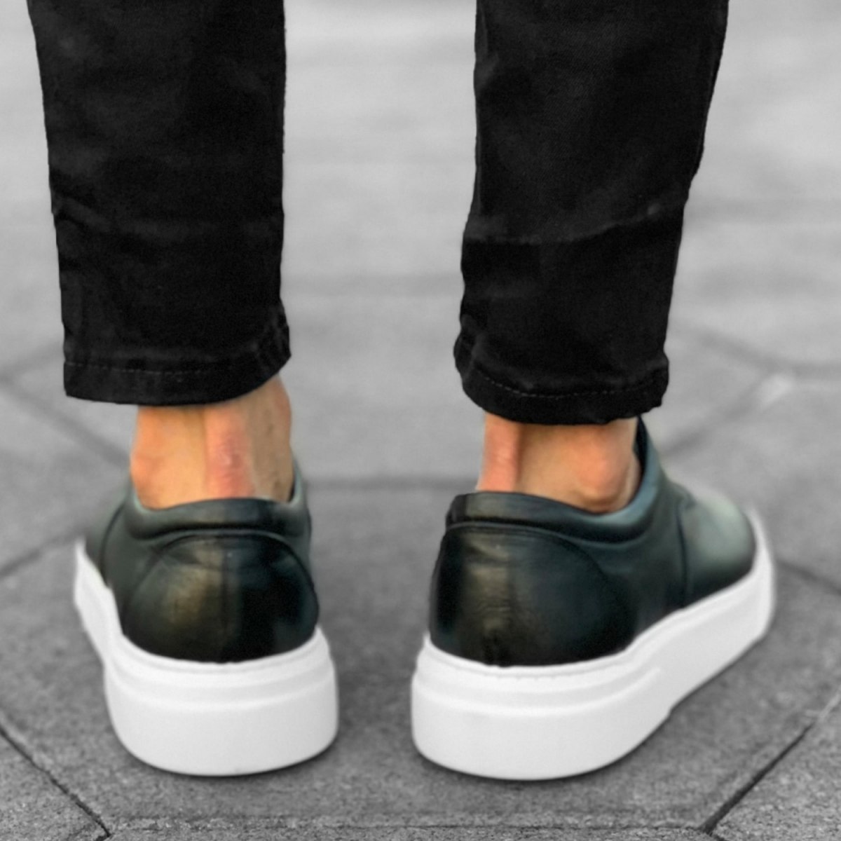 Uomo In Pelle Sneakers Scarpe Nero-Bianco - 4