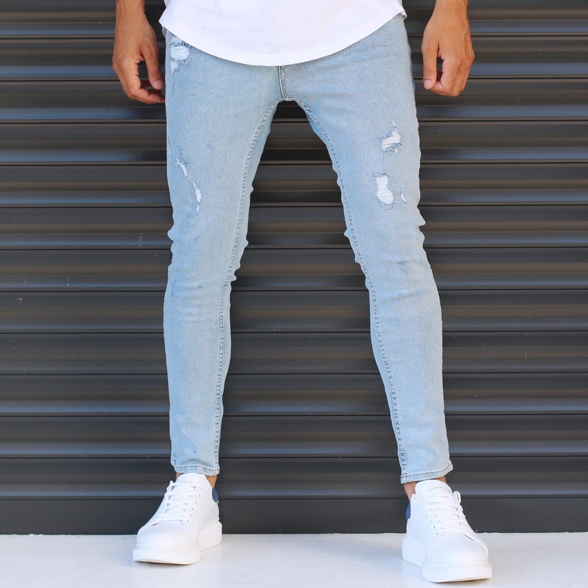 Men's Narrow Jeans With Thin Rips In Denim Blue