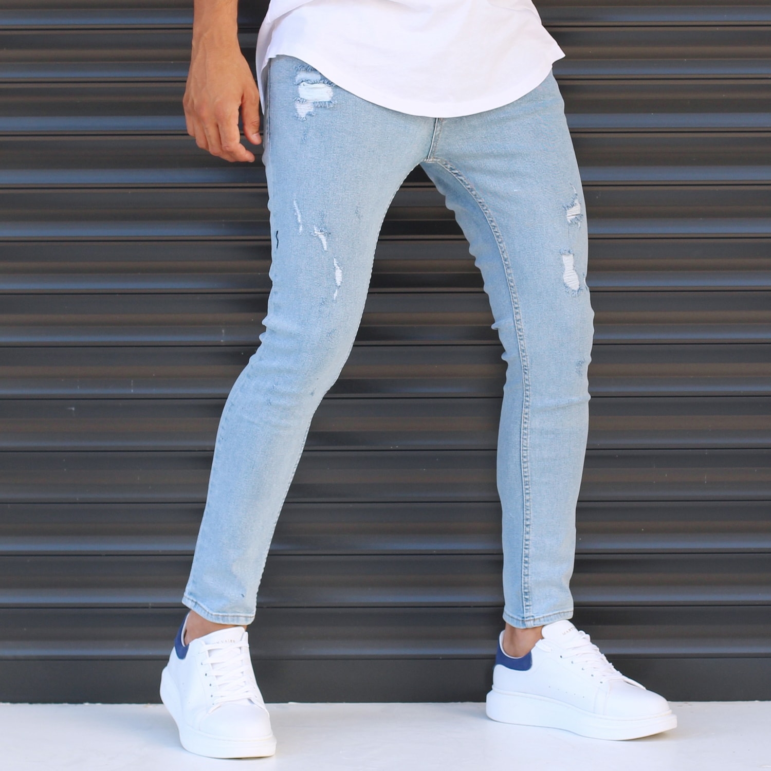 Narrow Jeans With Thin Rips In Denim Blue