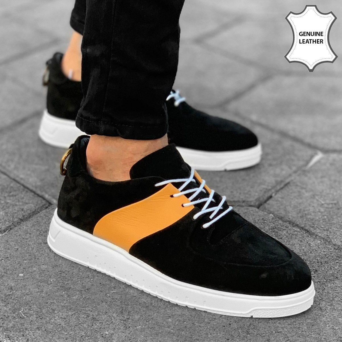 Martin Valen Men's Premium Genuine Leather Sneakers Black & Yellow