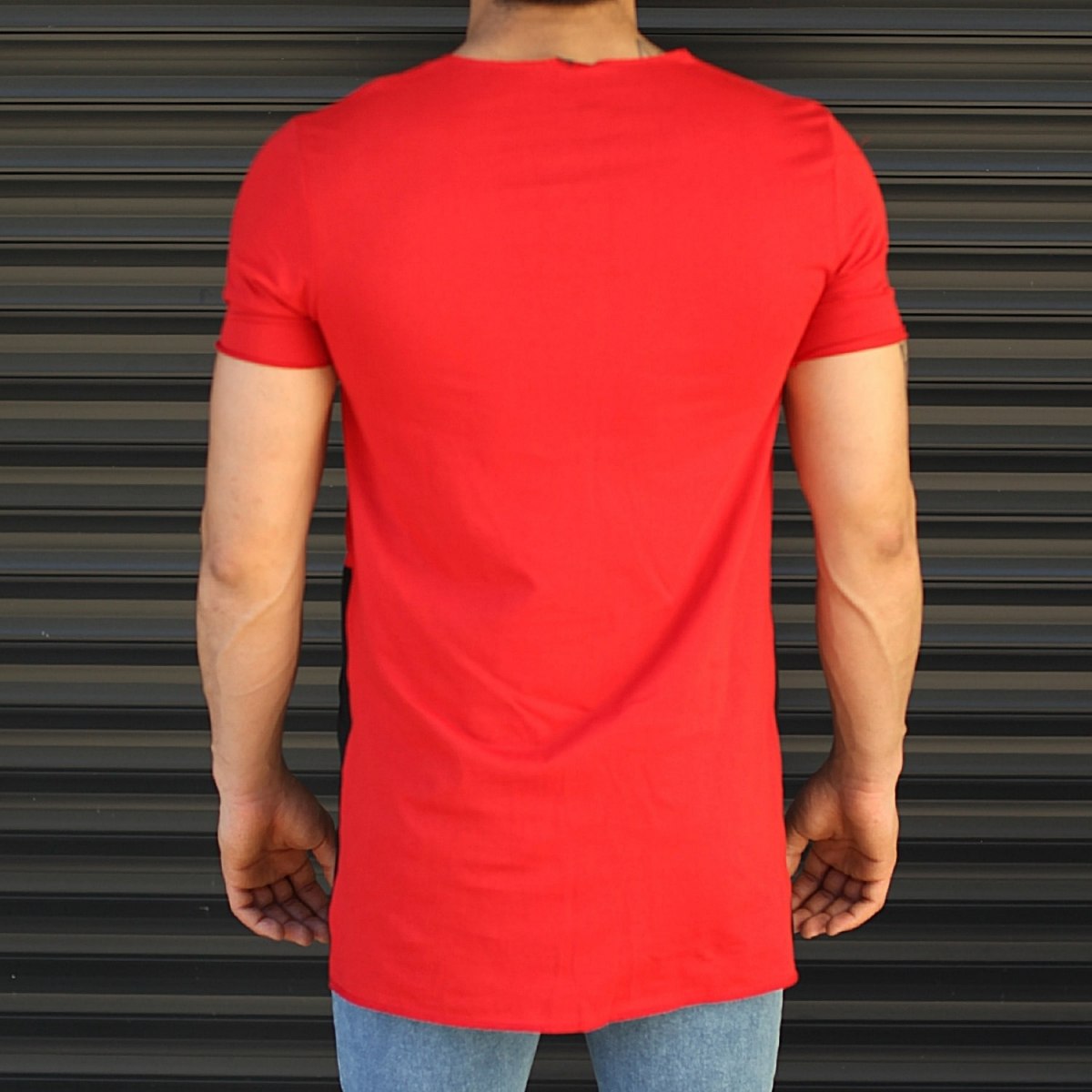Men's Pieced Longline Crew Neck T-Shirt In Red - 3