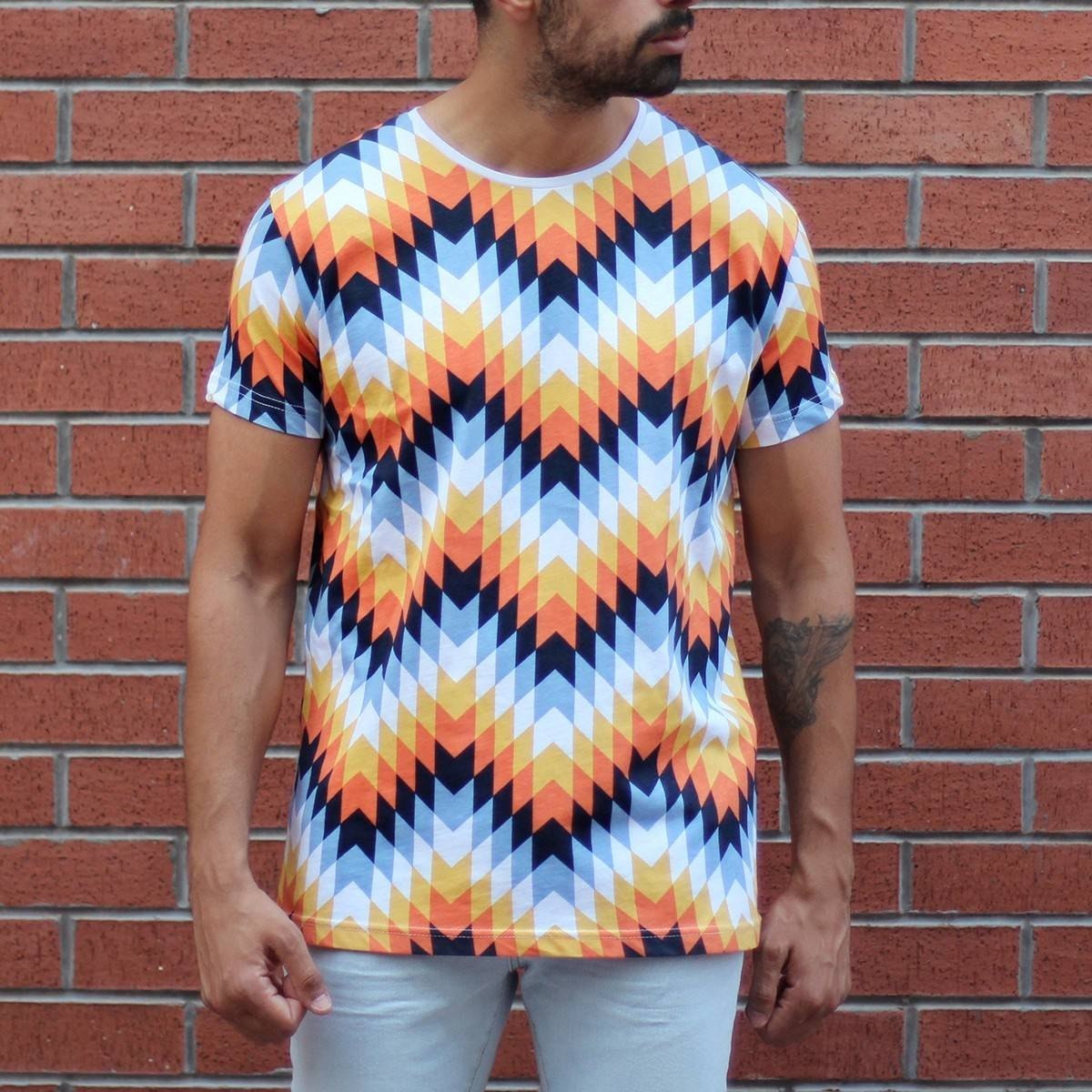Men's Geometric Colored Round Neck T-Shirt - 1