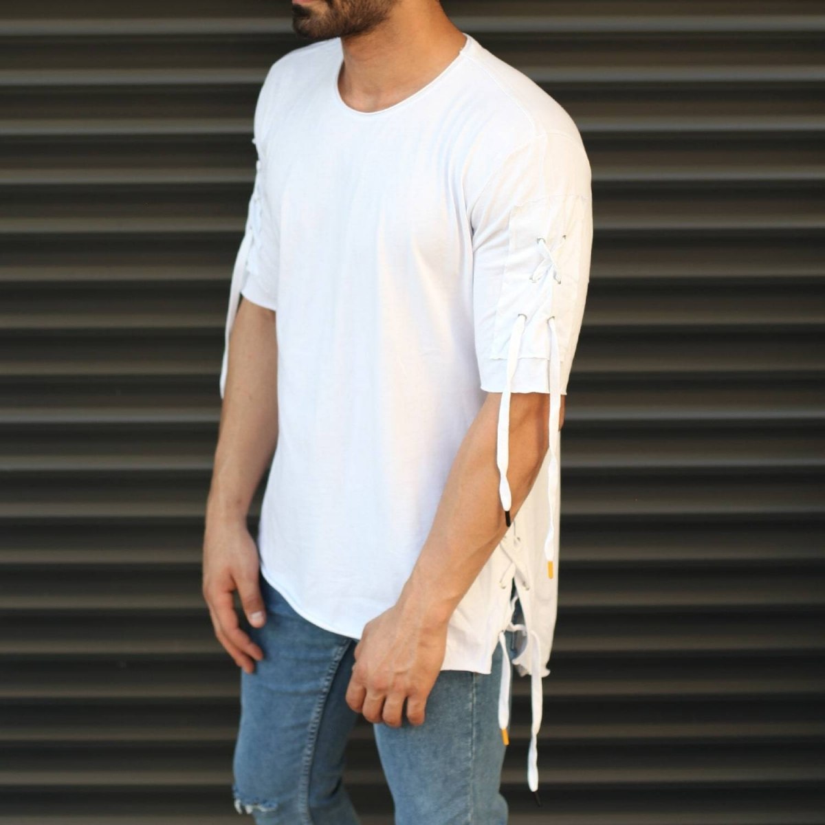 Men's Sleeves Drawstring Longline T-Shirt White - 1