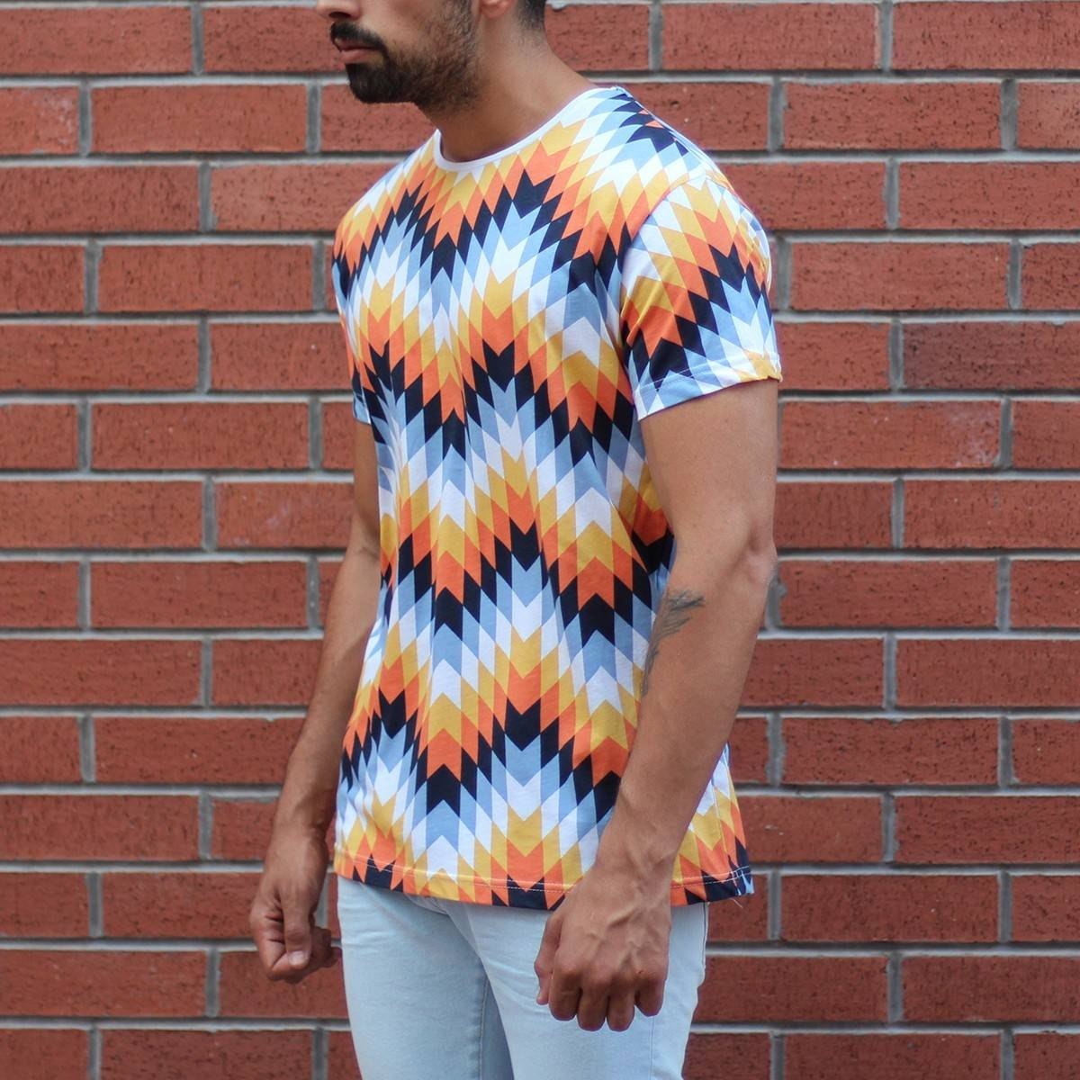 Men's Geometric Colored Round Neck T-Shirt - 3