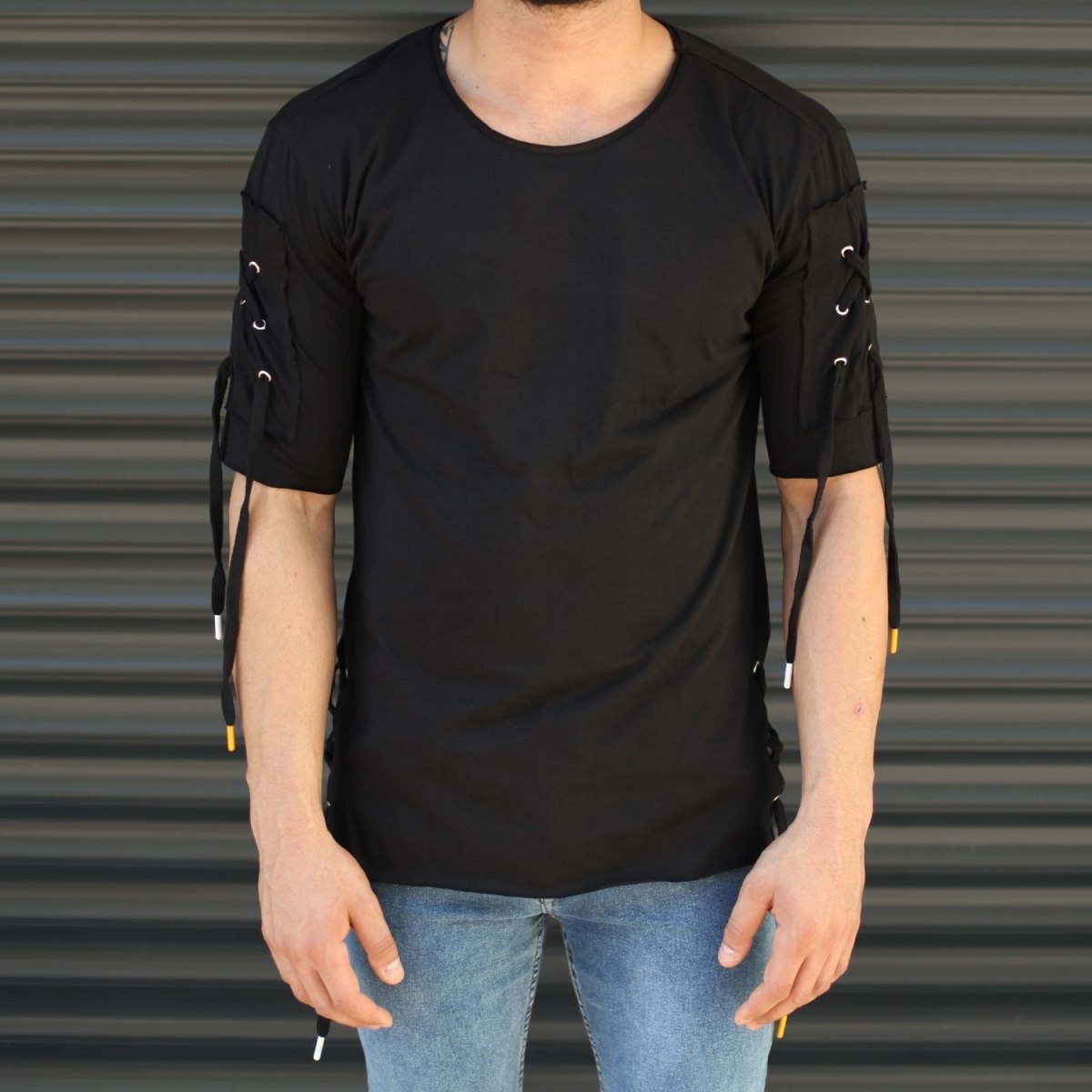 Men's Sleeves Drawstring Longline T-Shirt In Black