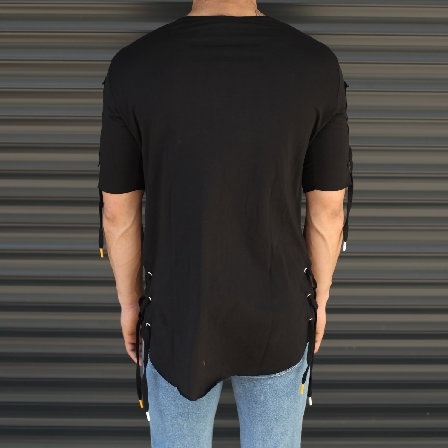 Men's Sleeves Drawstring Longline T-Shirt In Black