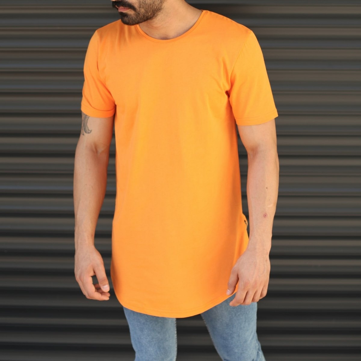 Men's Longline Round Neck T-Shirt In Orange - 1