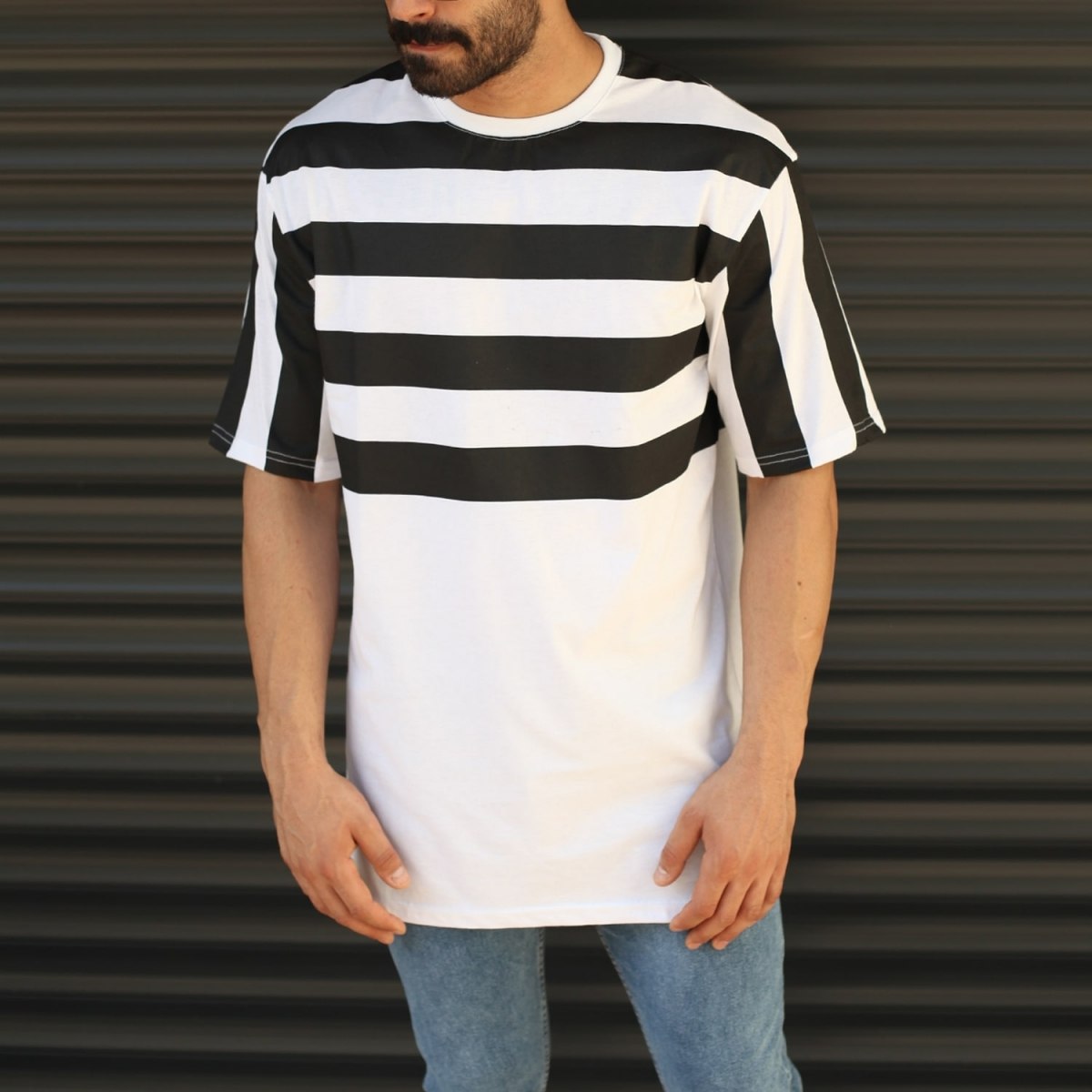 Men's Oversized Semi-Striped T-Shirt In White - 1