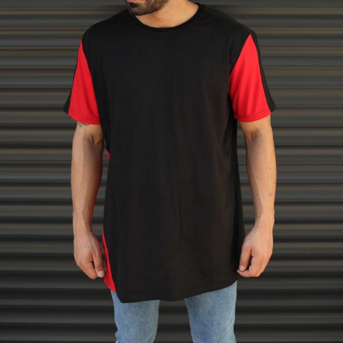 Men's Oversize Pieced Color Long T-Shirt In Black - 2
