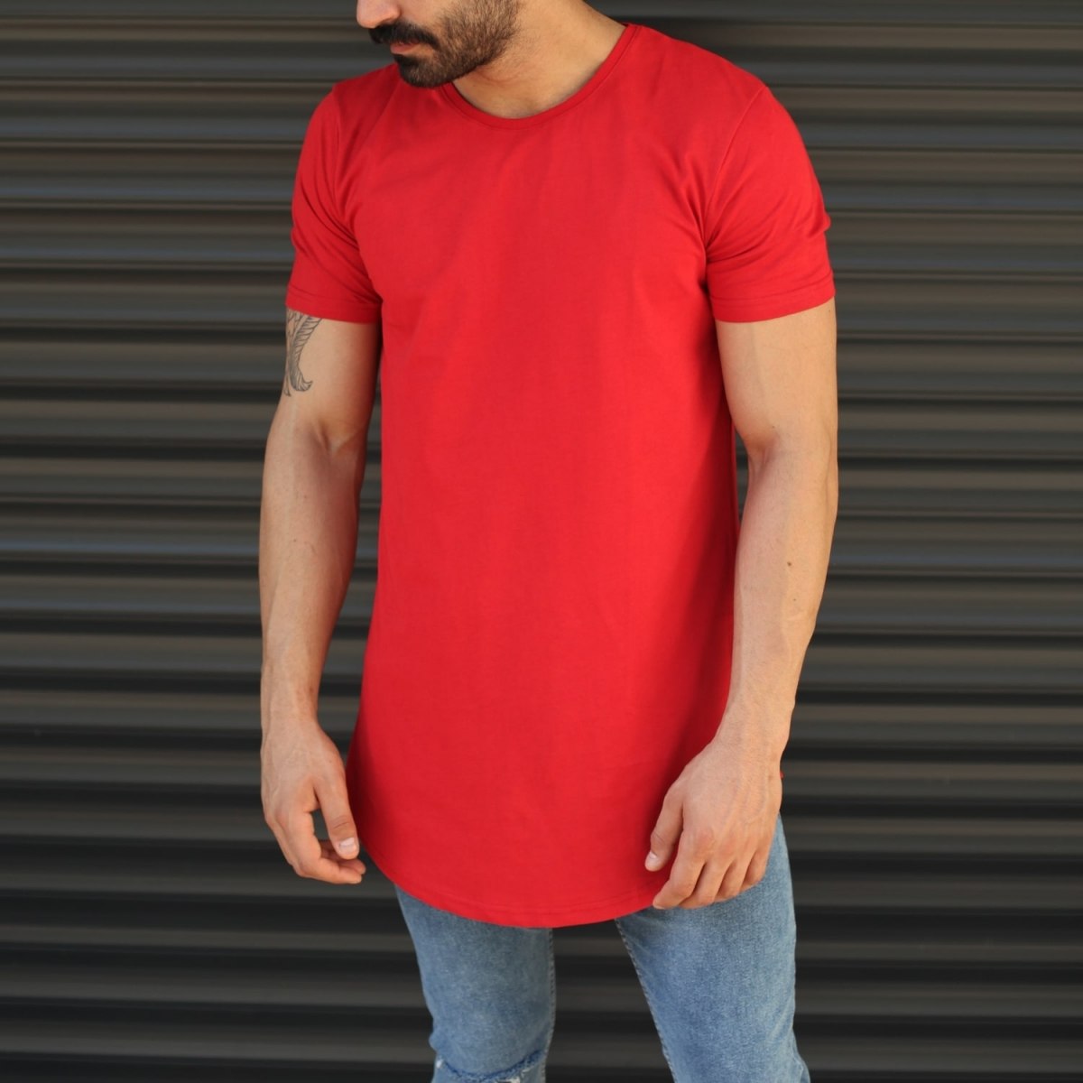 Men's Longline Round Neck T-Shirt With Zipper In Red - 1