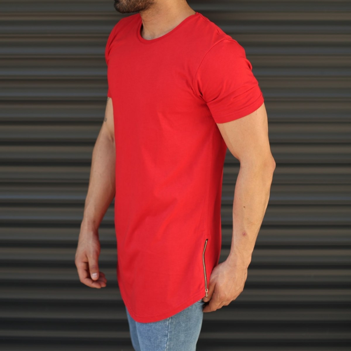 Men's Longline Round Neck T-Shirt With Zipper In Red